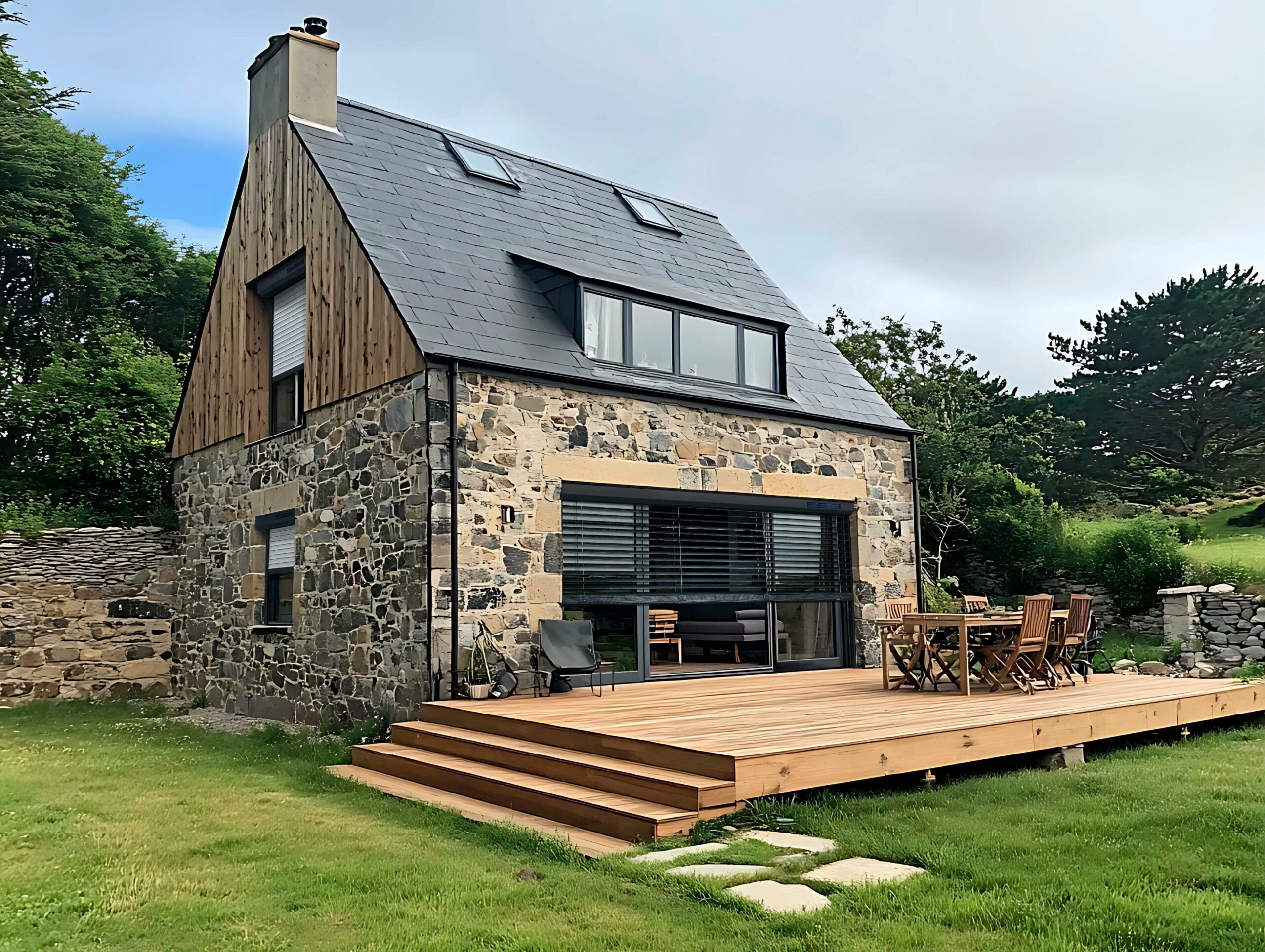 Brise soleil orientable renovation -Noir 9005-Horizon Solaire-Caisson pan coupé Noir 9005-Vr Ev39 Blanc