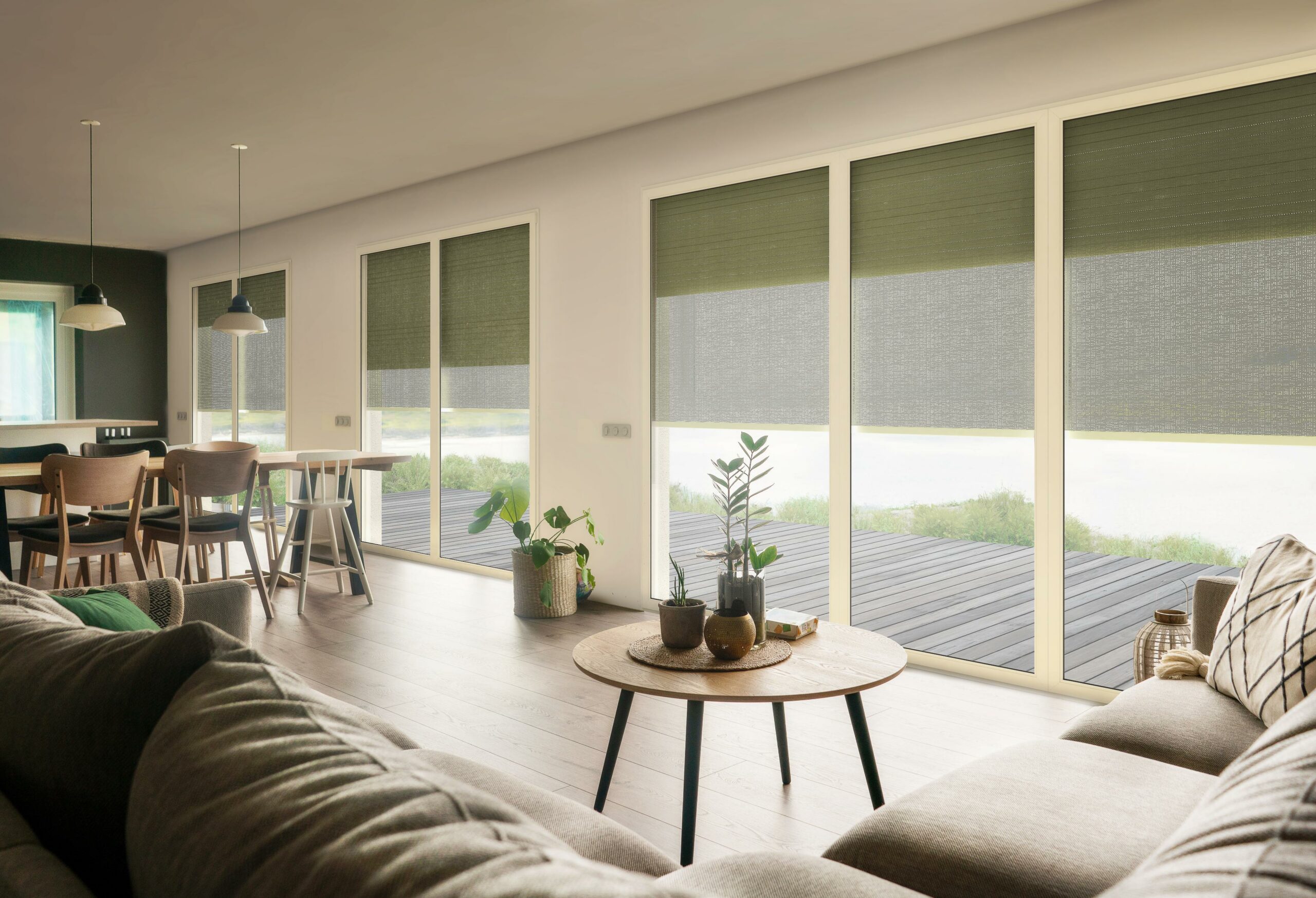 Salon panoramique volet roulant et store vertical twin vert